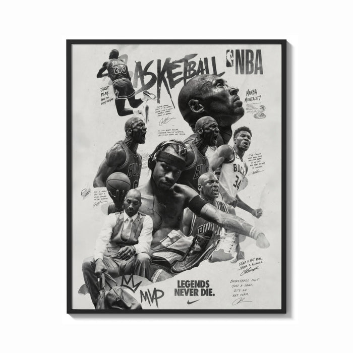 Framed NBA basketball legends collage print shown as a bold statement piece on a clean gallery wall