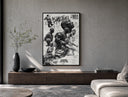 NBA basketball legends collage poster framed above a wood console in a concrete-wall living room