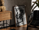 Walnut-framed NBA basketball legends collage print leaning against a sunlit rustic brick wall