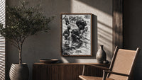 NBA basketball legends collage poster framed above a fluted sideboard beside an olive tree