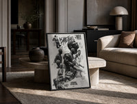 NBA basketball legends collage print in a black frame leaning on a travertine table in a sunlit lounge