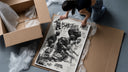 NBA basketball legends collage framed print being unpacked from protective bubble wrap and a box