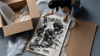 NBA basketball legends collage framed print being unpacked from protective bubble wrap and a box