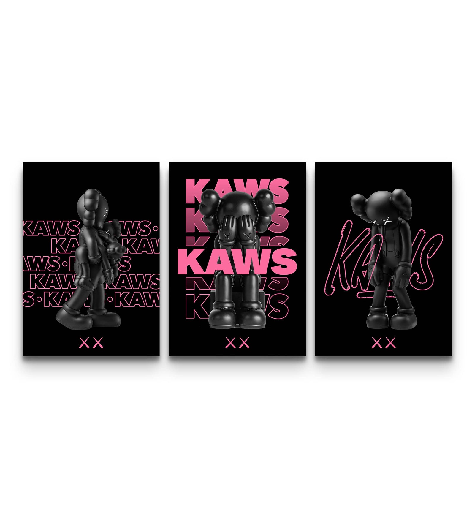 Three-panel neon pink noir KAWS XX poster set with jet-black figures and electric pink overlays