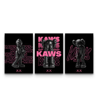Three-panel neon pink noir KAWS XX poster set with jet-black figures and electric pink overlays