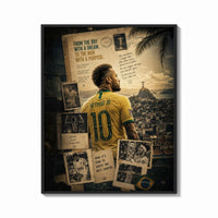 Framed Neymar Jr in a Brazil number 10 jersey print shown as a bold statement piece on a clean gallery wall