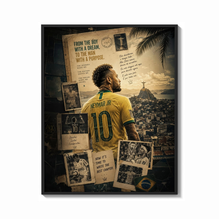 Framed Neymar Jr in a Brazil number 10 jersey print shown as a bold statement piece on a clean gallery wall