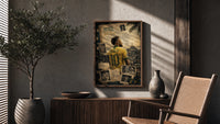 Neymar Jr in a Brazil number 10 jersey poster framed above a fluted sideboard beside an olive tree