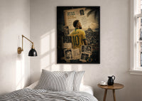 Neymar Jr print in a black frame above a bed with striped linens, a brass wall lamp and a sunlit window
