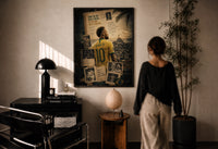 Neymar Jr print in a black frame on a sunlit plaster wall, a woman looking on beside a mushroom lamp