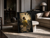 Neymar Jr in a Brazil number 10 jersey print in a black frame leaning on a travertine table in a sunlit lounge