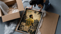Neymar Jr in a Brazil number 10 jersey framed print being unpacked from protective bubble wrap and a box