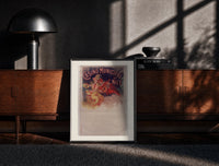 Black-framed woman with cymbals and mandolin player print on a moody console with designer coffee-table books