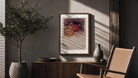 Woman with cymbals and mandolin player poster framed above a fluted sideboard beside an olive tree