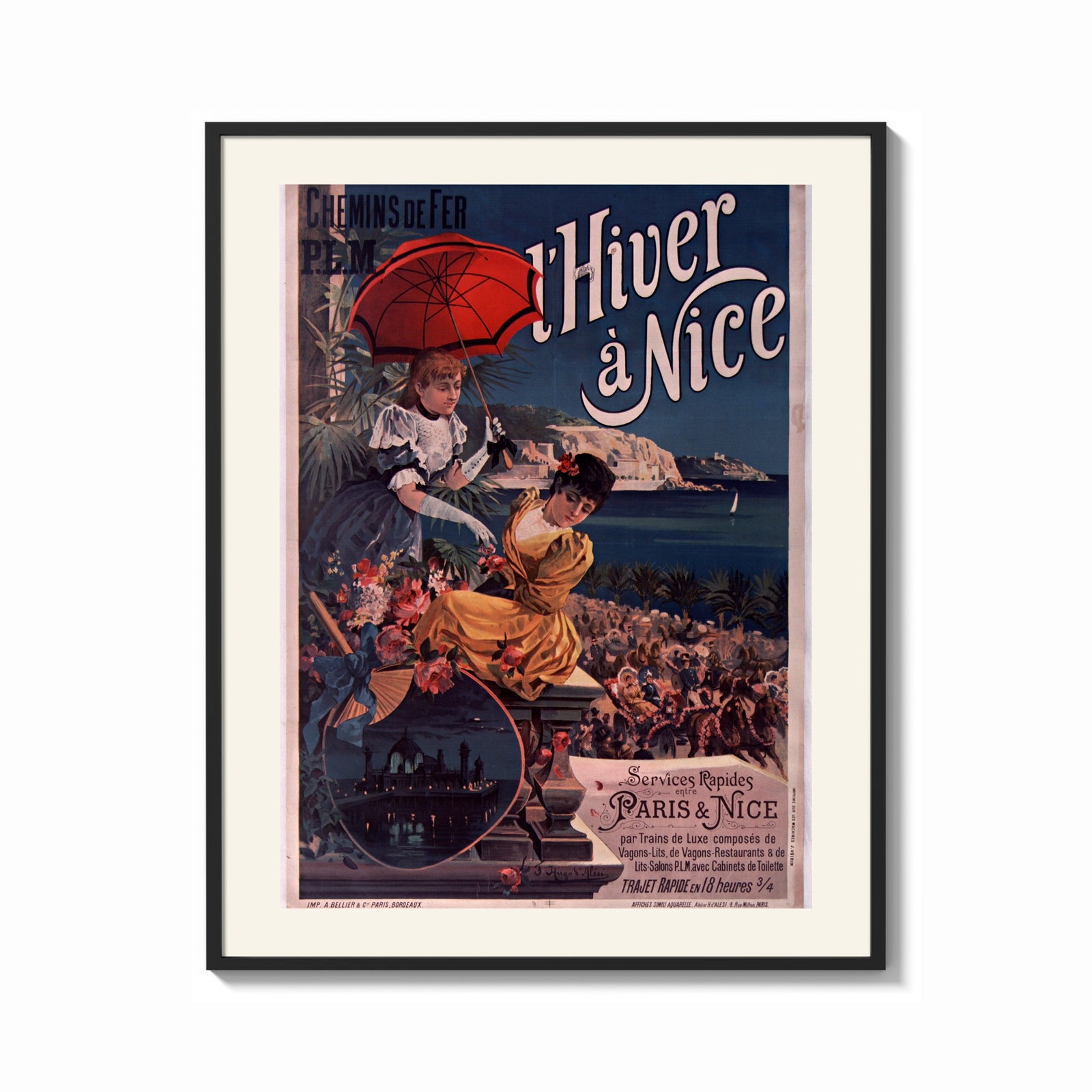 Framed two elegant women with red parasol print shown as a bold statement piece on a clean gallery wall