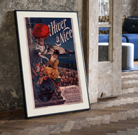 Two elegant women with red parasol print in a black frame leaning beside a vintage door on parquet