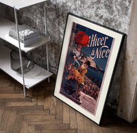 Two elegant women with red parasol poster in a black frame leaning beside a shelf in a raw-plaster loft