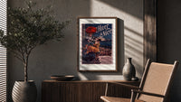 Two elegant women with red parasol poster framed above a fluted sideboard beside an olive tree