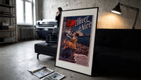 Two elegant women with red parasol print in a slim black frame leaning on a dark sofa in a concrete print studio