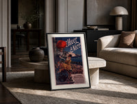 Two elegant women with red parasol print in a black frame leaning on a travertine table in a sunlit lounge