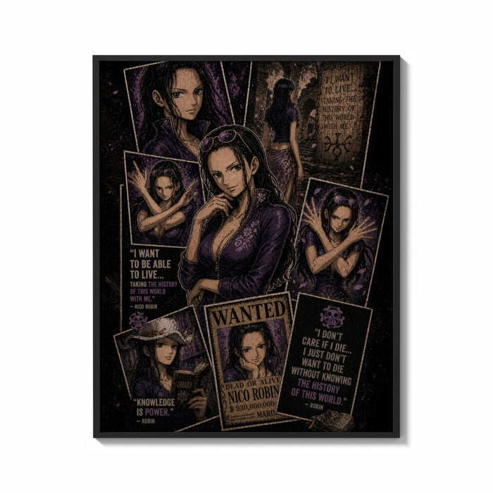 Framed Nico Robin anime character collage print shown as a bold statement piece on a clean gallery wall