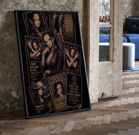 Nico Robin anime character collage print in a black frame leaning beside a vintage door on parquet