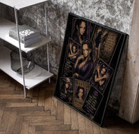 Nico Robin anime character collage poster in a black frame leaning beside a shelf in a raw-plaster loft