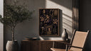 Nico Robin anime character collage poster framed above a fluted sideboard beside an olive tree