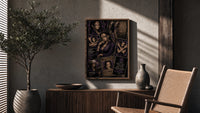 Nico Robin anime character collage poster framed above a fluted sideboard beside an olive tree