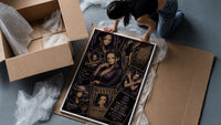 Nico Robin anime character collage framed print being unpacked from protective bubble wrap and a box