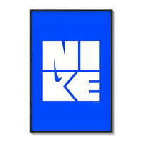 Nike wordmark logo with swoosh graphic poster framed on a white gallery wall