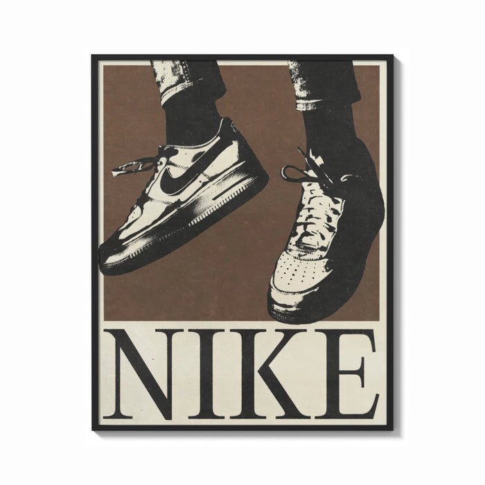 Framed Nike Air Force 1 Low on Brown print shown as a bold statement piece on a clean gallery wall
