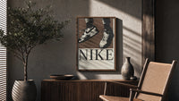 Nike Air Force 1 Low on Brown poster framed above a fluted sideboard beside a potted tree