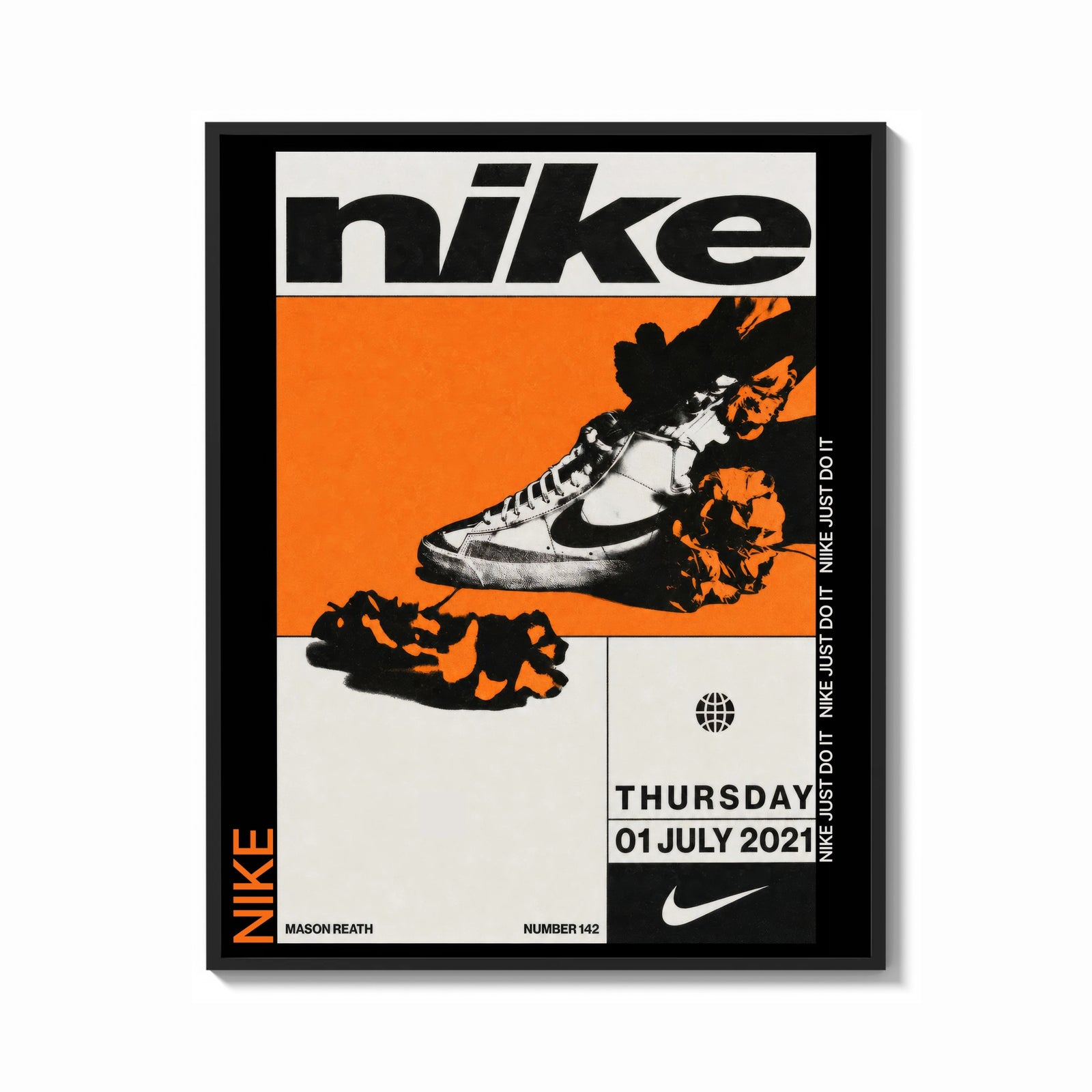 Framed Nike Blazer high-top sneaker print shown as a bold statement piece on a clean gallery wall