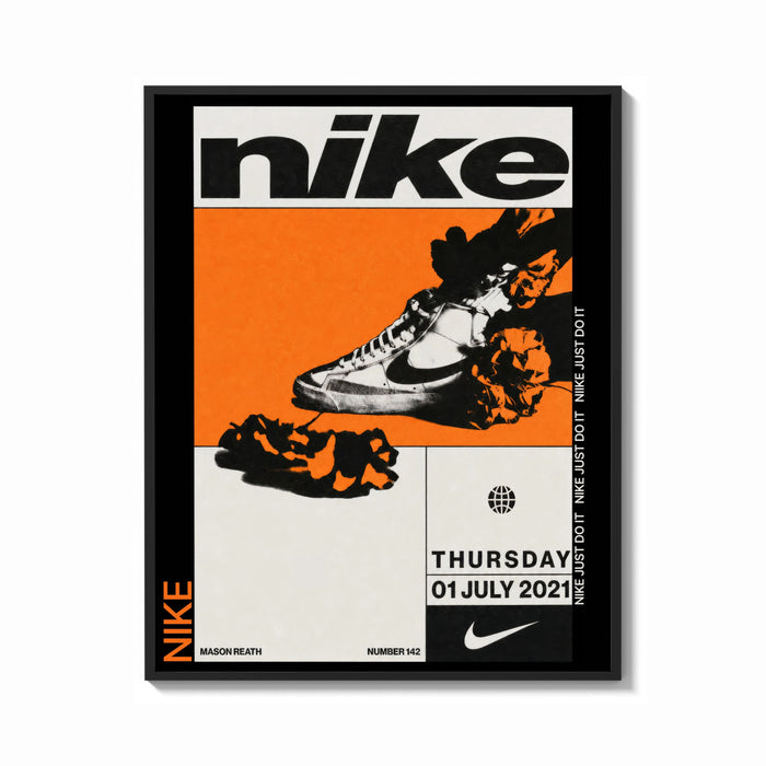 Framed Nike Blazer high-top sneaker print shown as a bold statement piece on a clean gallery wall