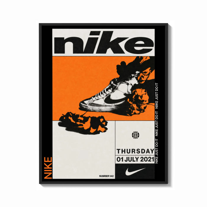Framed Orange Nike Blazer sneaker art print shown as a bold statement piece on a clean gallery wall
