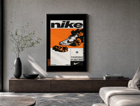 Nike Blazer high-top sneaker poster framed above a wood console in a concrete-wall living room