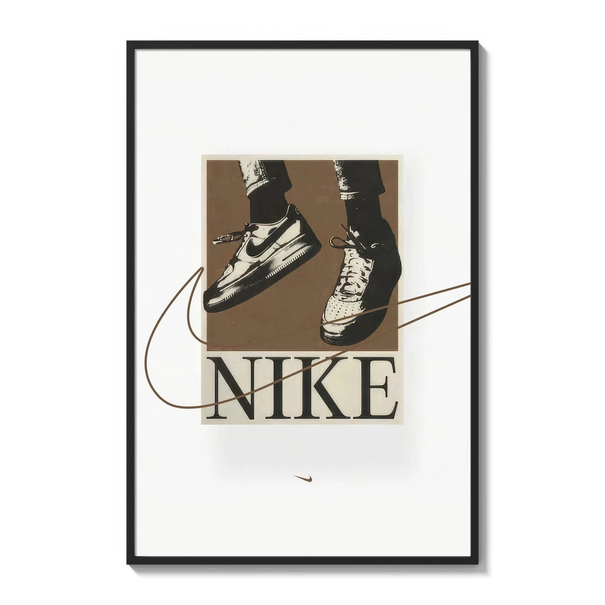 Nike Air Force 1 sneaker print with a NIKE wordmark in a black frame on a white wall