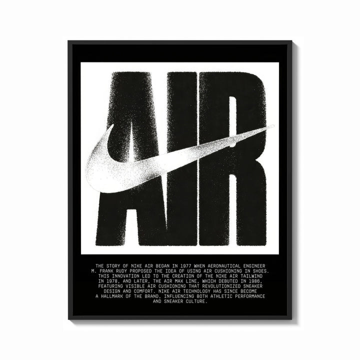 Framed Nike Air logo with swoosh print shown as a bold statement piece on a clean gallery wall