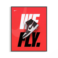 Air Jordan 1 We Fly poster on a red background with white and black WE FLY text and a floating sneaker