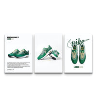 Three vivid green Air Max 1 Limeade prints with editorial typography arranged side by side