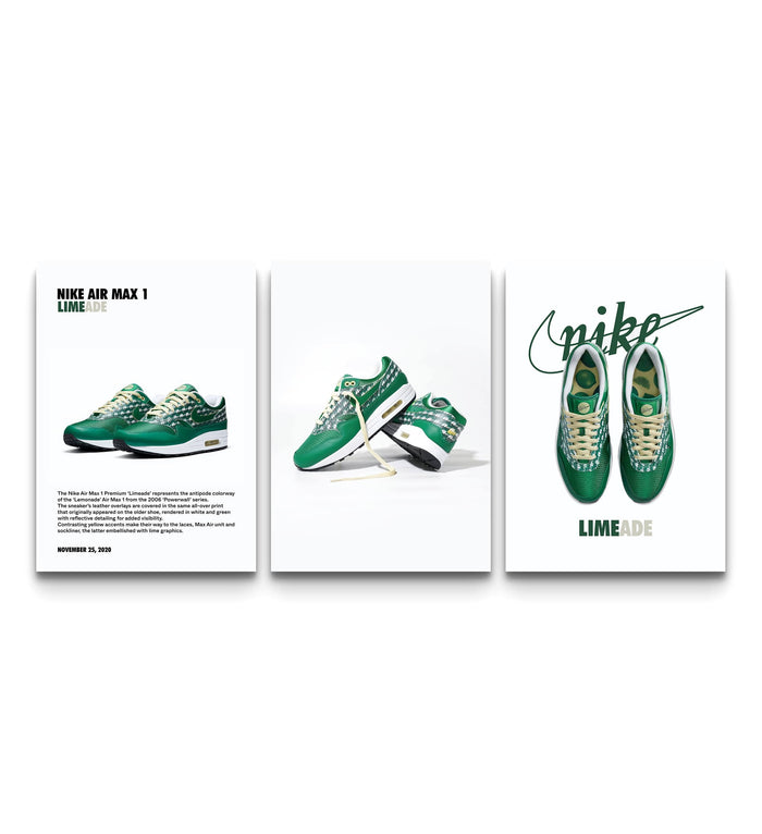 Three vivid green Air Max 1 Limeade prints with editorial typography arranged side by side