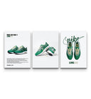 Three Nike Air Max 1 Limeade poster prints with editorial typography in vivid green side by side