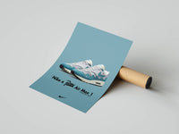 Detailed release info poster of the Air Max 1 Patta White Aqua Noise displayed beside a shipping tube