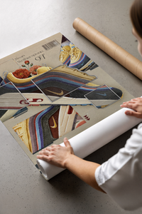 Vibrant corduroy-textured Air Max 97 Wotherspoon sneaker poster beside a cardboard shipping tube