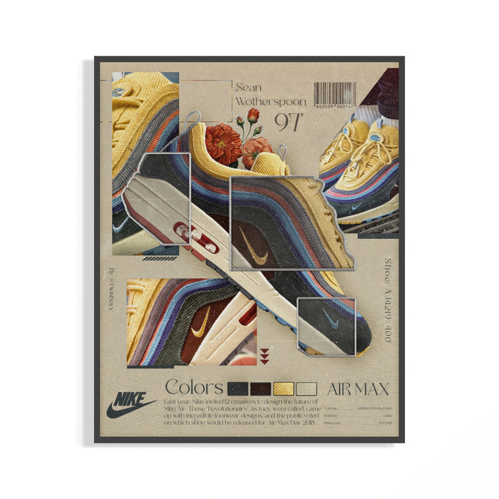 Framed Air Max 97 Wotherspoon poster with colourful corduroy textures in a geometric grid layout