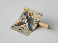 Person unrolling white paper over a colourful striped Wotherspoon sneaker poster on a concrete floor