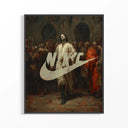 Artistic reinterpretation of a historical scene with a large Nike logo overlay.