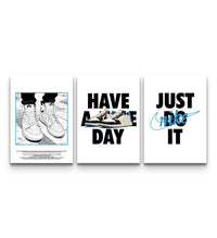 All three Nike Have a Nice Day panels shown together with bold typography and swoosh graphics