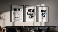 Nike "Have a Nice Day" Sneaker Poster Set of 3 in black frames on a grey wall above a leather sofa